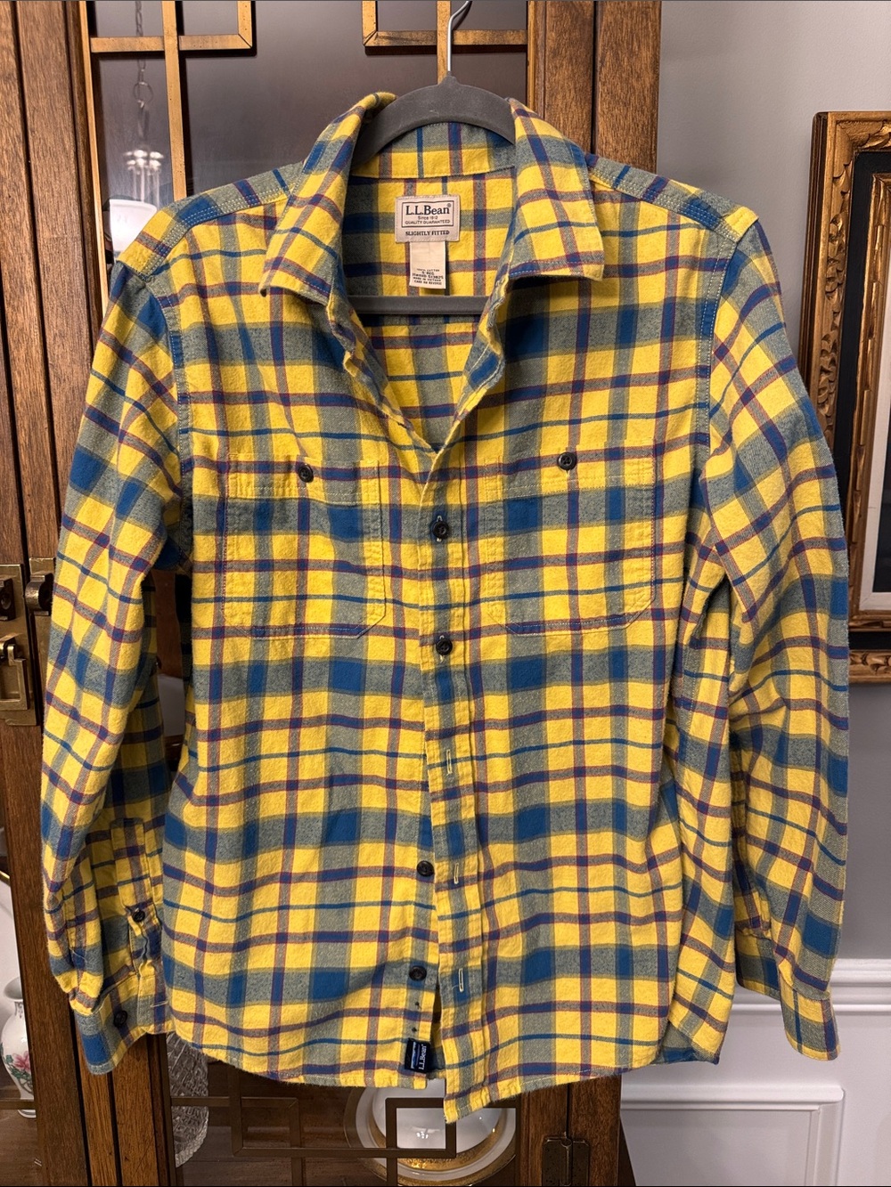 L.L. Bean Yellow and Teal Plaid Button-Down Shirt